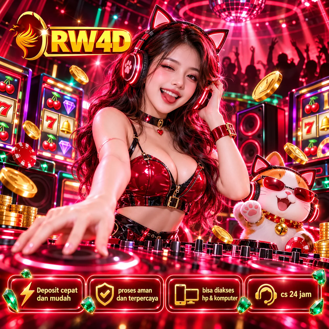Panggung DJ bernuansa neon merah dengan logo RW4D